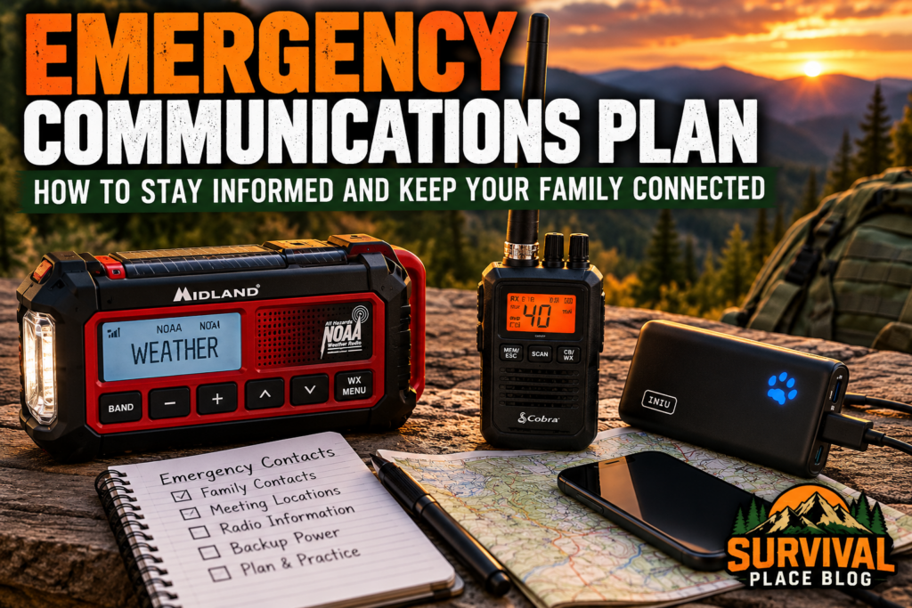 Emergency communications plan with weather radio, handheld CB radio, power bank, smartphone, and household emergency contact checklist.