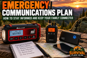 Emergency communications plan with weather radio, handheld CB radio, power bank, smartphone, and household emergency contact checklist.
