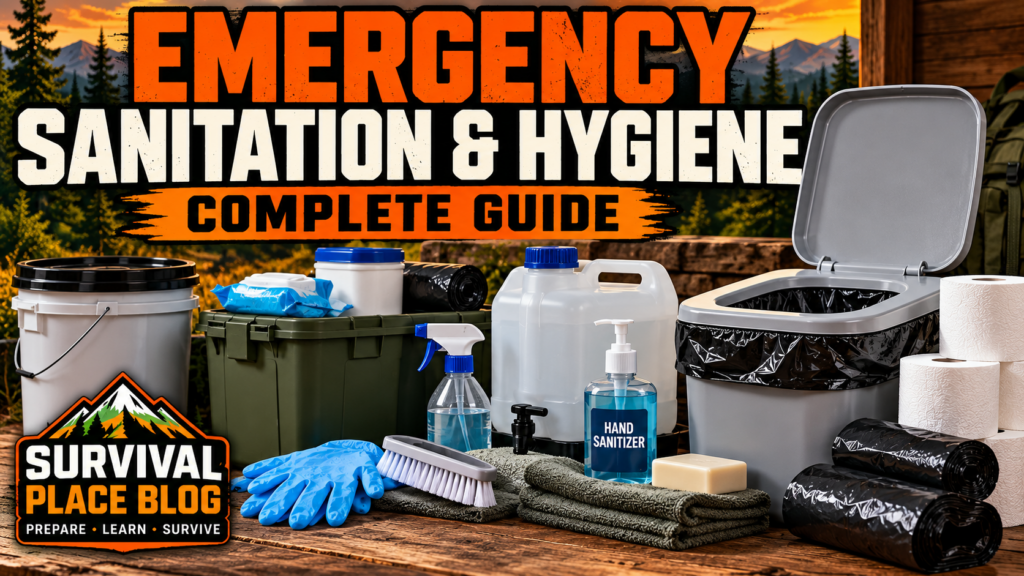 Emergency sanitation and hygiene supplies including a portable toilet, water storage containers, hand sanitizer, cleaning gloves, toilet paper, and waste bags.