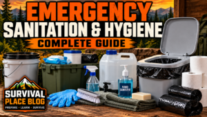 Emergency sanitation and hygiene supplies including a portable toilet, water storage containers, hand sanitizer, cleaning gloves, toilet paper, and waste bags.