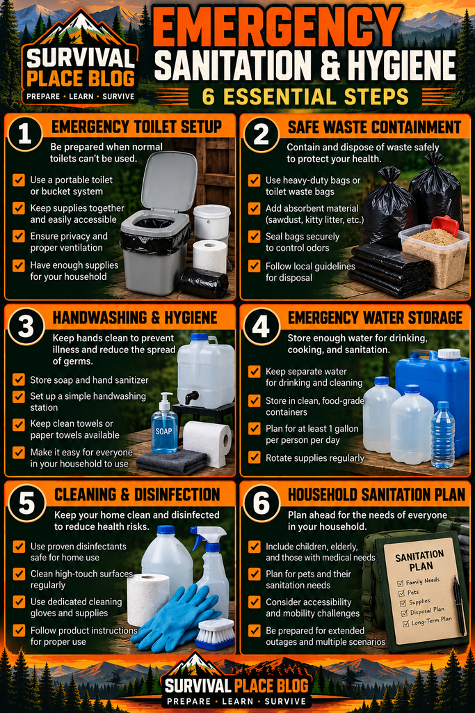 Emergency sanitation and hygiene infographic showing six essential steps for emergency toilets, waste containment, handwashing, water storage, cleaning, and household planning.