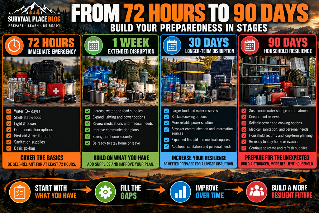 Preparedness progression showing how to build from 72 hours to one week, 30 days, and 90 days with increasing water, food, power, medical, sanitation, and household resilience resources.
