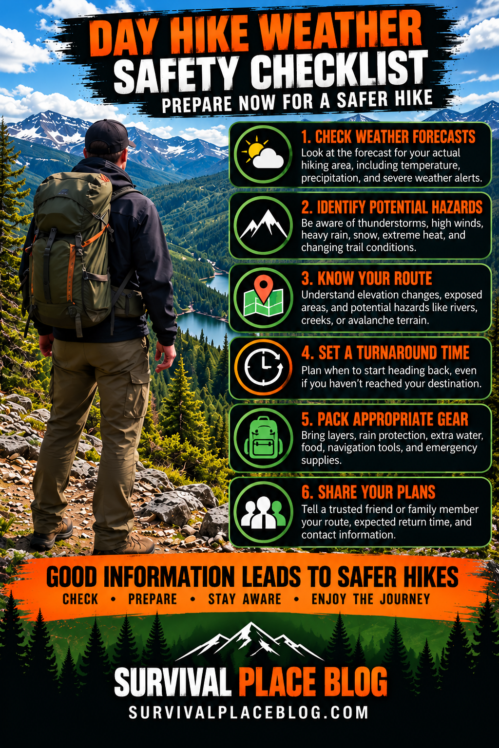 Day hike weather safety checklist showing six preparation steps, including checking forecasts, identifying hazards, reviewing routes, setting turnaround times, packing equipment, and sharing hiking plans.