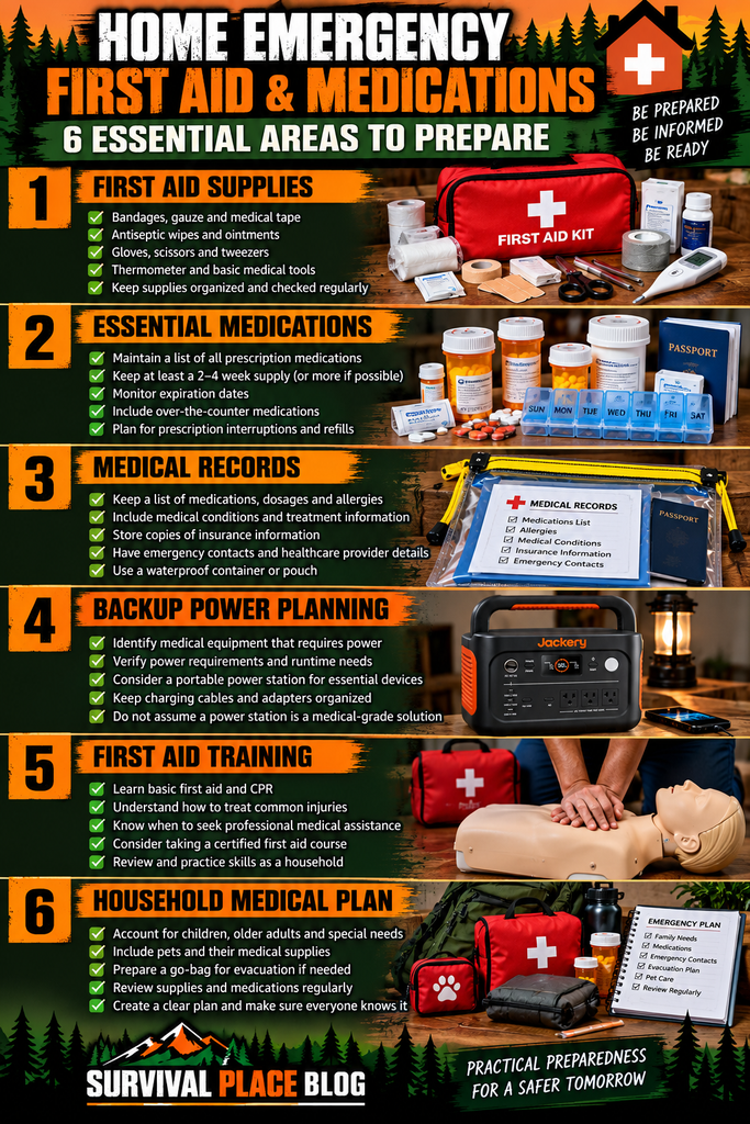 Home emergency first aid and medications infographic showing six essential preparedness areas including supplies, prescriptions, medical records, backup power, training, and household planning.