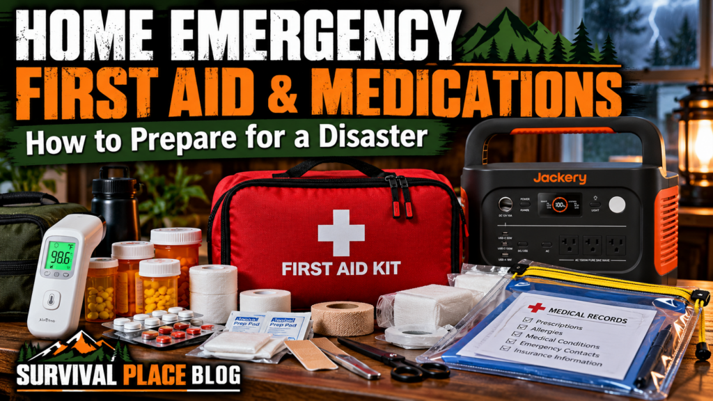 Home emergency first aid and medications preparedness with first aid kit, thermometer, prescription supplies, medical records, and backup power station