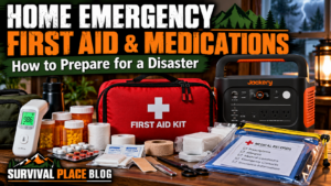 Home emergency first aid and medications preparedness with first aid kit, thermometer, prescription supplies, medical records, and backup power station