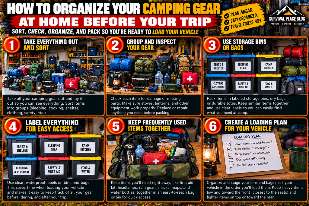 Six-step camping gear packing infographic showing equipment organized in a garage, labeled storage totes, and safe loading of camping supplies into an SUV in a driveway.