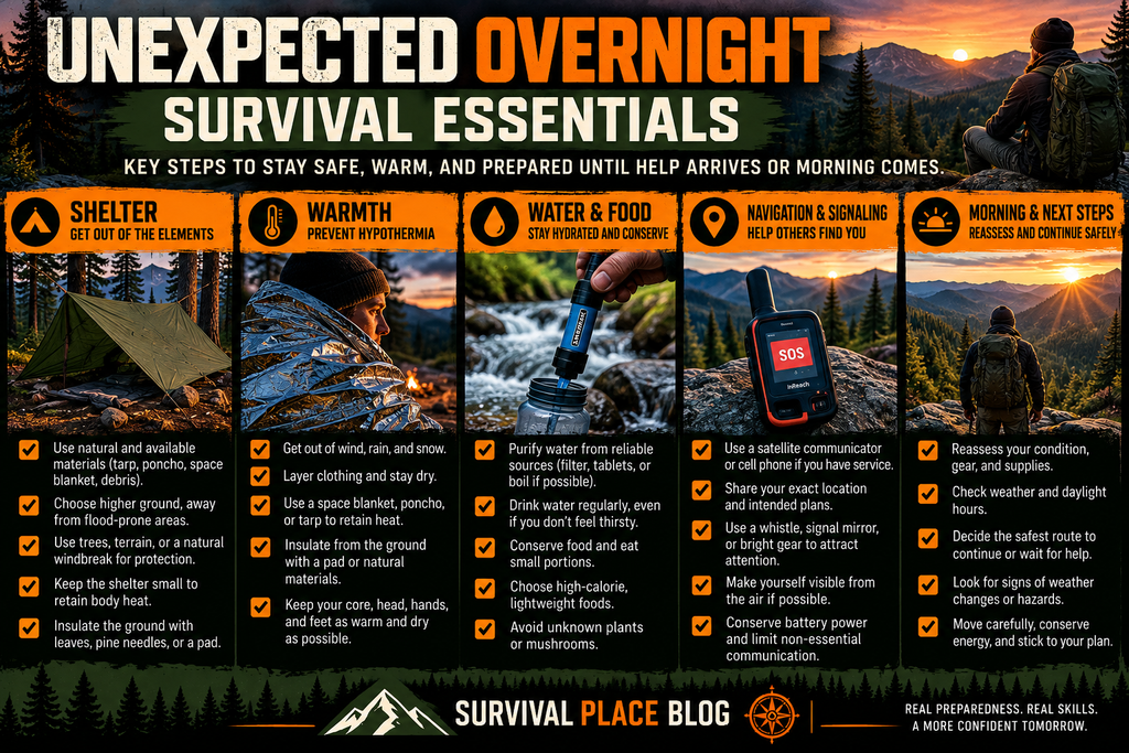Unexpected overnight wilderness survival infographic showing five essential priorities: emergency shelter, staying warm, safe drinking water and food, rescue signaling, and reassessing conditions at daylight.