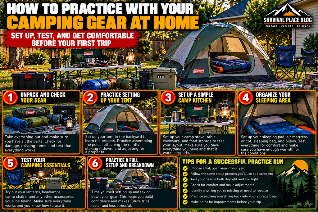 Survival Place Blog six-step backyard camping gear practice infographic showing tent setup, camp kitchen organization, sleeping equipment, lighting tests, and campsite breakdown before a first camping trip.