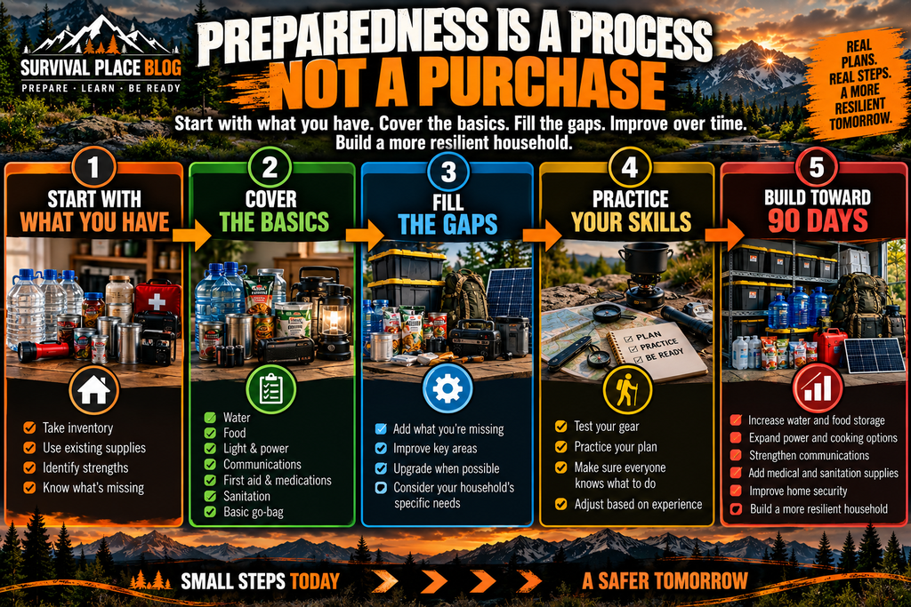 Preparedness roadmap showing how to start with existing supplies, cover basic needs, fill gaps, practice skills, and build toward 90 days of preparedness.
