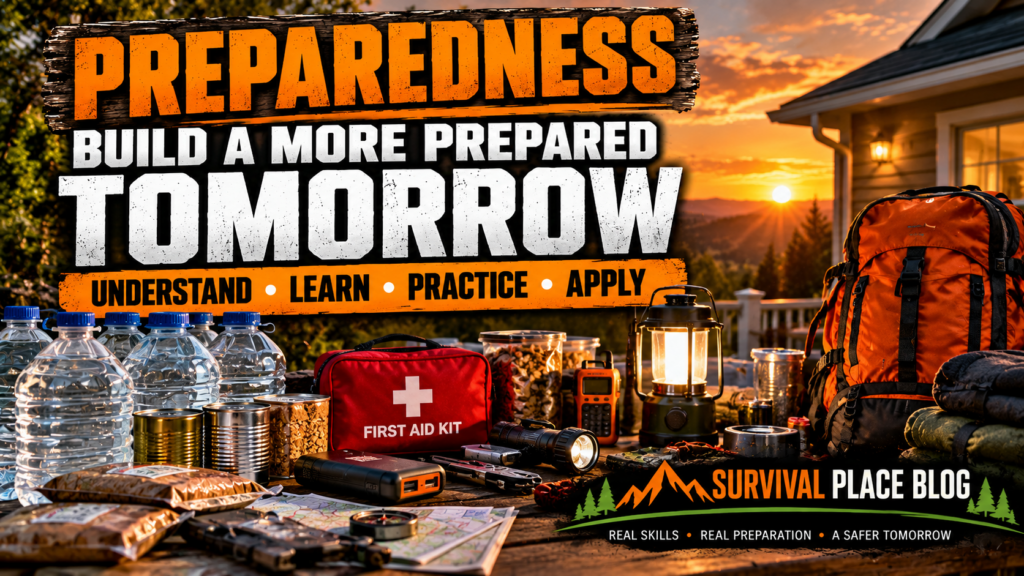 Home emergency preparedness supplies, including stored water, food, a first aid kit, lantern, flashlight, radio, and emergency backpack, arranged outdoors at sunset.
