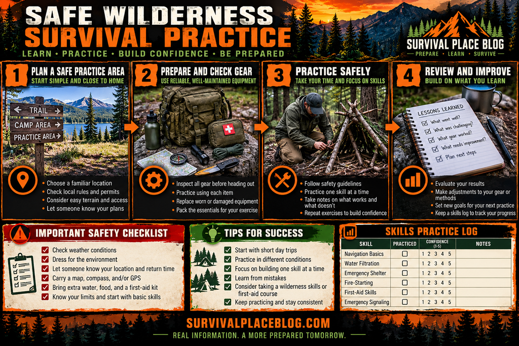 Safe wilderness survival practice infographic showing four steps: choosing a safe training area, preparing outdoor gear, practicing survival skills, and reviewing progress, with a safety checklist and skills practice log.