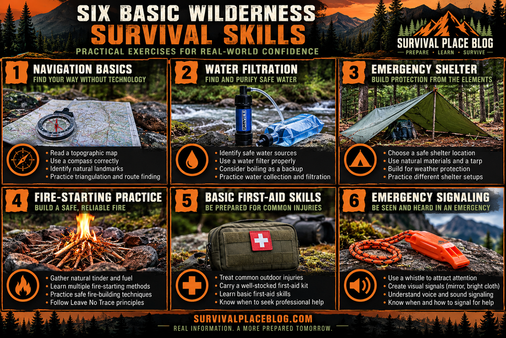 Six basic wilderness survival skills infographic showing map and compass navigation, water filtration, emergency shelter, fire-starting practice, wilderness first aid, and emergency signaling.