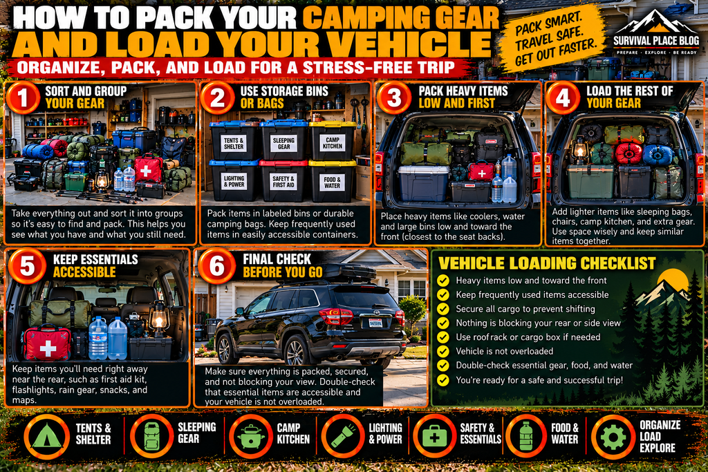 Six-step camping gear packing infographic showing equipment organized in a garage, labeled storage totes, and safe loading of camping supplies into an SUV in a driveway.