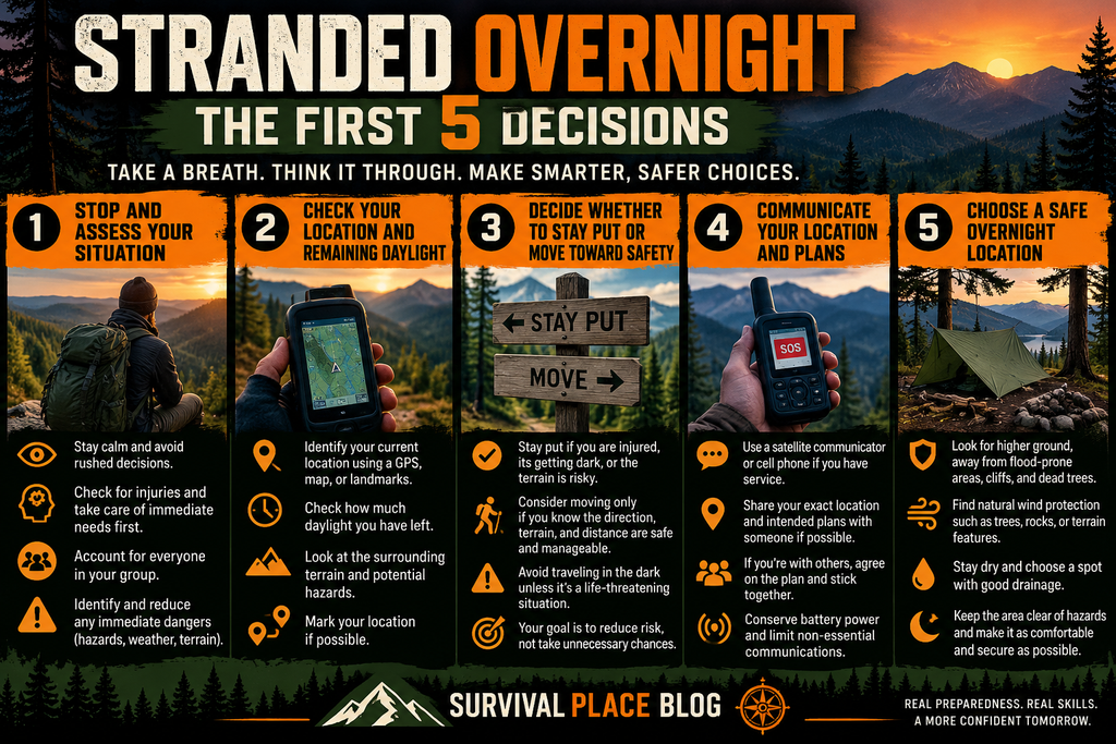 Stranded overnight in the wilderness infographic showing five emergency decisions: assess the situation, check location and daylight, decide whether to stay or move, communicate plans, and choose a safe overnight location.