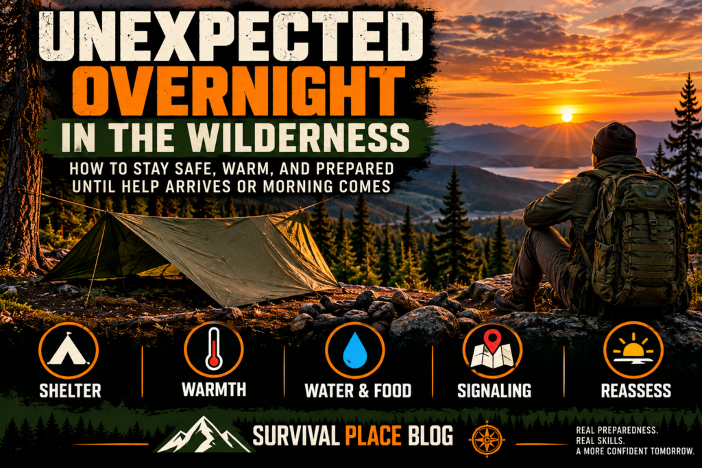 Stranded overnight in the wilderness, a lone hiker sits beside an emergency tarp shelter at sunset, illustrating wilderness survival, shelter, warmth, signaling, and overnight safety.