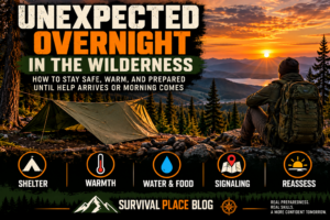 Stranded overnight in the wilderness, a lone hiker sits beside an emergency tarp shelter at sunset, illustrating wilderness survival, shelter, warmth, signaling, and overnight safety.
