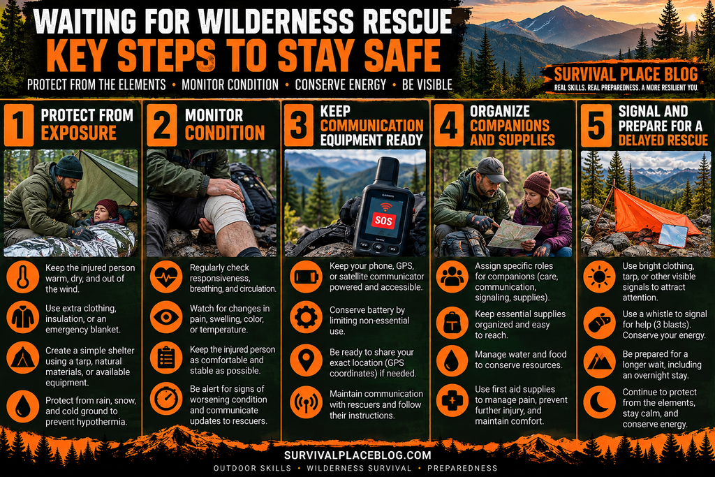 Wilderness rescue infographic showing five safety steps: protect an injured hiker from exposure, monitor their condition, maintain communication equipment, organize supplies, and signal for rescuers.