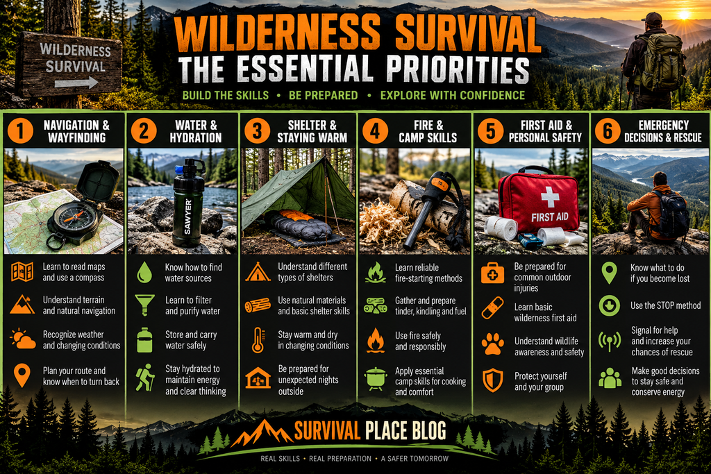 Wilderness survival skills infographic showing six essential priorities: navigation, water, shelter, fire, first aid, and emergency rescue decisions.
