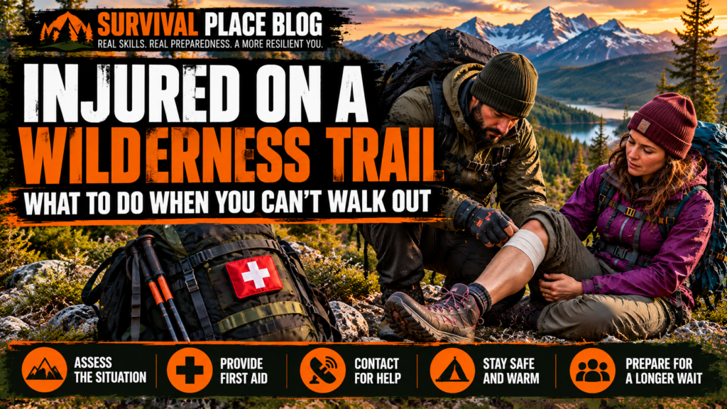 Female hiker with an injured, bandaged knee receiving assistance on a mountain trail, illustrating what to do when injured on a wilderness trail and unable to walk out.