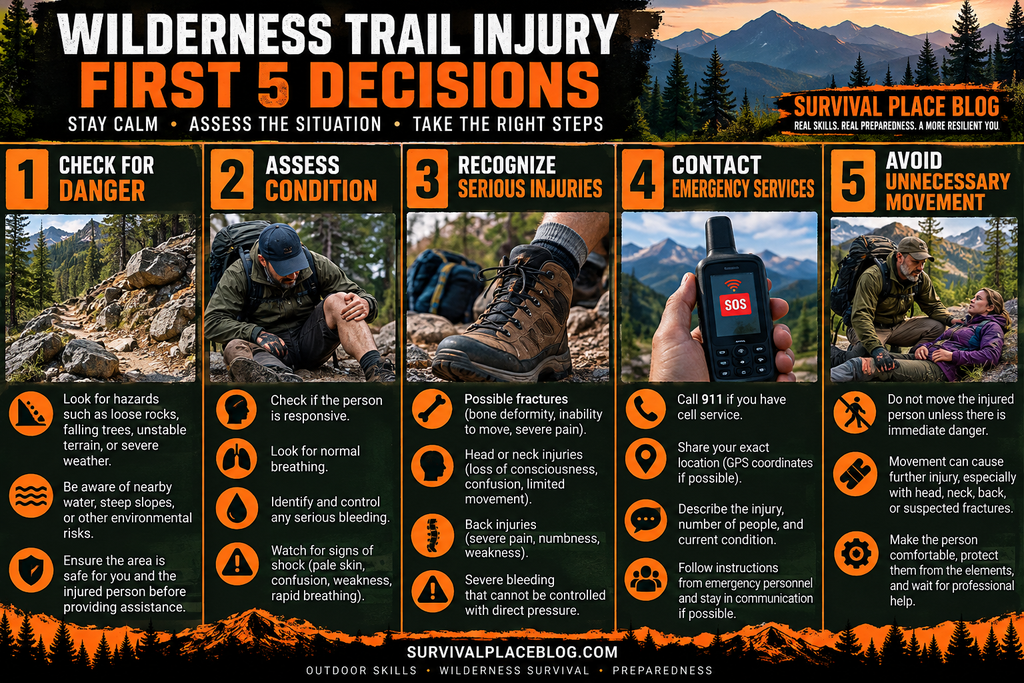 Wilderness trail injury infographic showing five emergency decisions: check for danger, assess the injured person's condition, recognize serious injuries, contact emergency services, and avoid unnecessary movement.