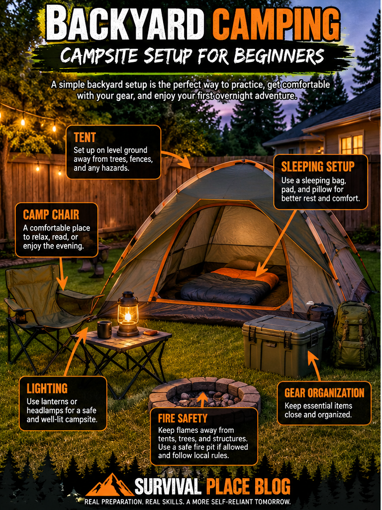 Backyard camping for beginners infographic showing a dome tent, sleeping setup, camp chair, lighting, organized equipment, and fire safety in a residential backyard. 