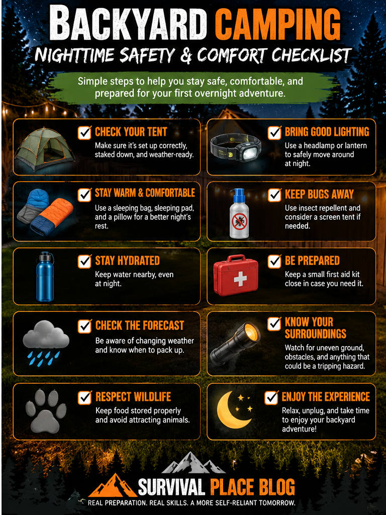 Backyard camping nighttime safety checklist covering tent setup, headlamp lighting, sleeping comfort, insect protection, hydration, first aid, weather awareness, and wildlife precautions.